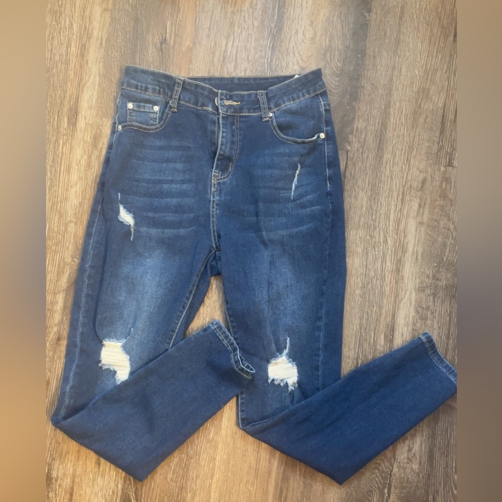 Fashion Nova Dark Blue Distressed Skinny Jeans